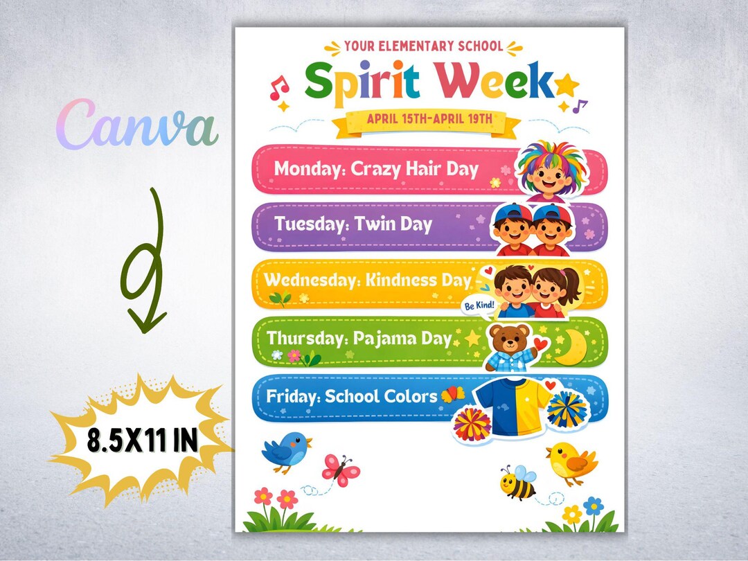 Spring Spirit Week Examples Editable Spring Spirit Week Flyer Canva Template, School Spirit ...