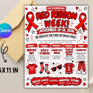 Op de afbeelding: Een rechthoekige flyer voor de Red Ribbon Week van de XXX basisschool van 20-26 november 2026, met rode linten, tekst en dagelijkse thema's zoals Red Out Day, Sock It To Drugs, Shade Out Drugs, Team Up Against Drugs en Pajama Day, 21,59x27,94 cm.