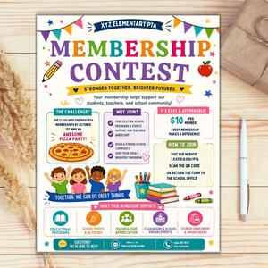 Pode incluir: Um folheto colorido para o Concurso de Ades&atilde;o da PTA da Escola Prim&aacute;ria XYZ. O folheto apresenta o texto "Membership Contest" em letras grandes e multicoloridas, juntamente com informa&ccedil;&otilde;es sobre como aderir e apoiar a comunidade escolar.