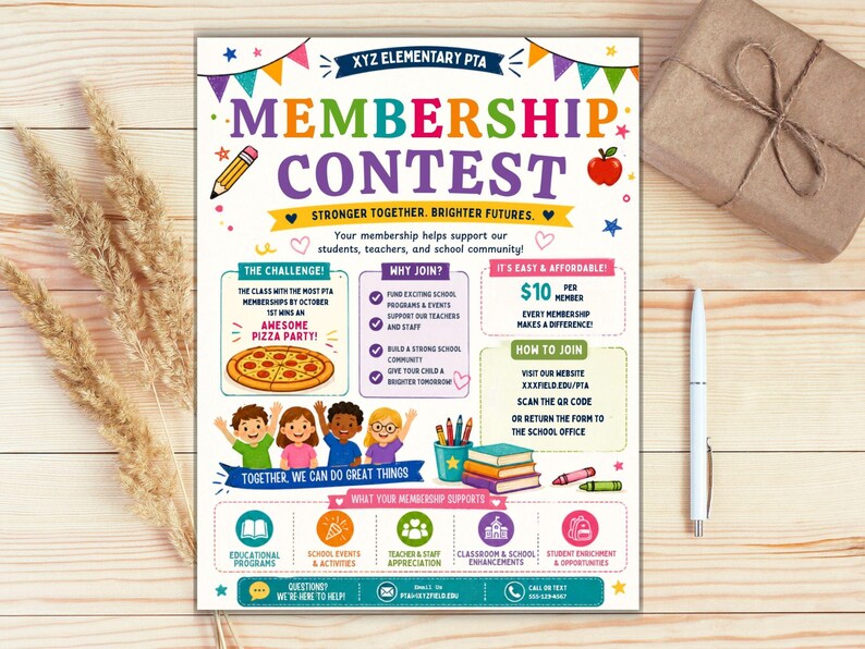 Pode incluir: Um folheto colorido para o Concurso de Ades&atilde;o da PTA da Escola Prim&aacute;ria XYZ. O folheto apresenta o texto "Membership Contest" em letras grandes e multicoloridas, juntamente com informa&ccedil;&otilde;es sobre como aderir e apoiar a comunidade escolar.