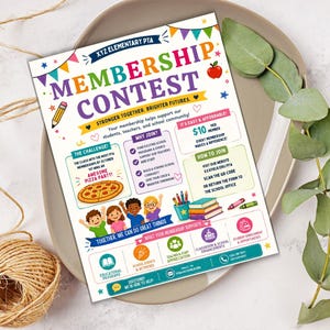 Pode incluir: Um folheto colorido para o Concurso de Ades&atilde;o da PTA da Escola Prim&aacute;ria XYZ, com texto e ilustra&ccedil;&otilde;es. O folheto promove a ades&atilde;o com o tema "Juntos mais fortes, futuros mais brilhantes". Inclui informa&ccedil;&otilde;es sobre como aderir e os benef&iacute;cios.