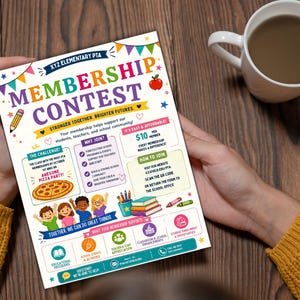 Pode incluir: Um folheto colorido para o Concurso de Associa&ccedil;&atilde;o da PTA da Escola Prim&aacute;ria XYZ, realizado por uma pessoa. O folheto tem o texto "Membership Contest" e "Stronger Together, Brighter Futures". Inclui informa&ccedil;&otilde;es sobre como participar e os benef&iacute;cios da associa&ccedil;&atilde;o.