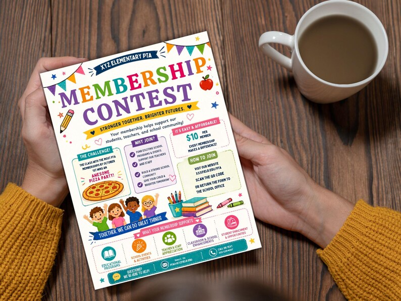 Pode incluir: Um folheto colorido para o Concurso de Associa&ccedil;&atilde;o da PTA da Escola Prim&aacute;ria XYZ, realizado por uma pessoa. O folheto tem o texto "Membership Contest" e "Stronger Together, Brighter Futures". Inclui informa&ccedil;&otilde;es sobre como participar e os benef&iacute;cios da associa&ccedil;&atilde;o.