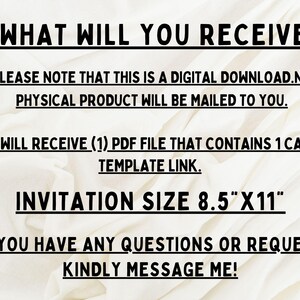 Pode incluir: Texto em fundo branco: "O QUE VOC&Ecirc; RECEBER&Aacute;". &Eacute; um download digital, nenhum produto f&iacute;sico ser&aacute; enviado. Voc&ecirc; receber&aacute; um arquivo PDF com um link de modelo Canva. Tamanho do convite: 21,6 cm x 27,9 cm.