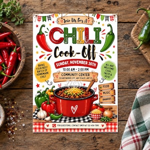 May include: A Chili Cook-Off event flyer featuring a red pot of chili, colorful peppers, and text including Join Us For A Chili Cook-Off, Sunday, November 20th, 10:00 AM - 2:00 PM, Community Center, 123 Anywhere City, Any Place, Any St, and contact info.