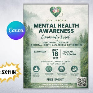 Pode incluir: Um cartaz promocional para um Evento Comunitário de Conscientização sobre Saúde Mental. O cartaz tem 21,6 x 27,9 cm e apresenta um design verde e branco com os detalhes do evento, incluindo data, hora e local. O evento oferece uma sessão de meditação guiada, oficina de arteterapia e recursos de saúde mental.