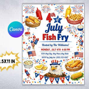 May include: A festive 4th of July Fish Fry invitation. The design features an eagle wearing a patriotic hat, baskets of food, fireworks, and American flags. The invitation is 8.5 x 11 inches.