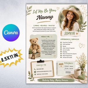 Nanny profile professional Flyer TEMPLATE, Meet your Nanny, Nanny business template, Editable Nanny resume.