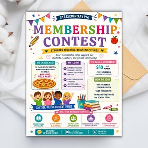 Pode incluir: Flyer colorido para o Concurso de Ades&atilde;o da PTA da Escola Prim&aacute;ria XYZ. O design inclui texto, ilustra&ccedil;&otilde;es de pizza, ma&ccedil;&atilde; e material escolar. O flyer promove programas escolares e apoio comunit&aacute;rio.