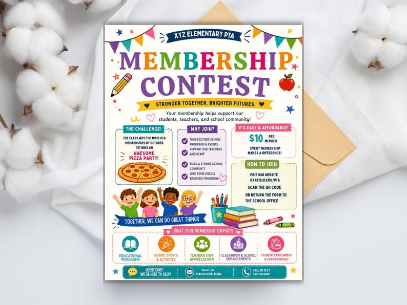Pode incluir: Flyer colorido para o Concurso de Ades&atilde;o da PTA da Escola Prim&aacute;ria XYZ. O design inclui texto, ilustra&ccedil;&otilde;es de pizza, ma&ccedil;&atilde; e material escolar. O flyer promove programas escolares e apoio comunit&aacute;rio.