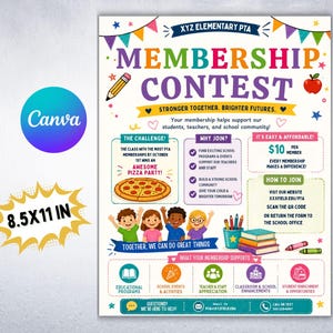 Pode incluir: Um folheto colorido para o Concurso de Ades&atilde;o da PTA da Escola Prim&aacute;ria XYZ. O design inclui texto, ilustra&ccedil;&otilde;es e um gr&aacute;fico de pizza. O folheto tem 21,6 x 27,9 cm e promove programas e eventos escolares.