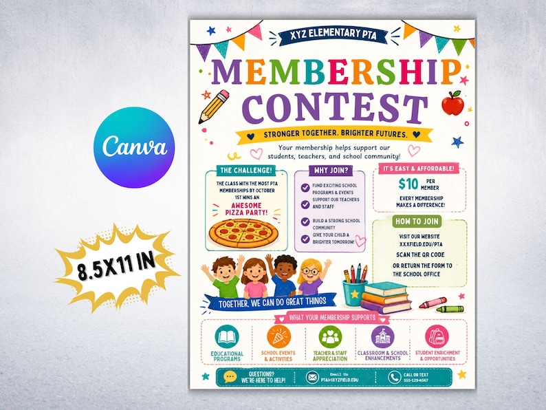 Pode incluir: Um folheto colorido para o Concurso de Ades&atilde;o da PTA da Escola Prim&aacute;ria XYZ. O design inclui texto, ilustra&ccedil;&otilde;es e um gr&aacute;fico de pizza. O folheto tem 21,6 x 27,9 cm e promove programas e eventos escolares.