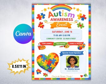 Flyer editável para evento de conscientização sobre o autismo, modelo para evento beneficente do Dia da Família, download imediato