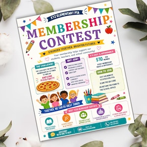 Pode incluir: Um folheto colorido para o Concurso de Membros da PTA da Escola Prim&aacute;ria XYZ. O folheto apresenta o texto "Membership Contest" em letras grandes, juntamente com ilustra&ccedil;&otilde;es de crian&ccedil;as, material escolar e uma pizza. O folheto promove os benef&iacute;cios da ades&atilde;o.