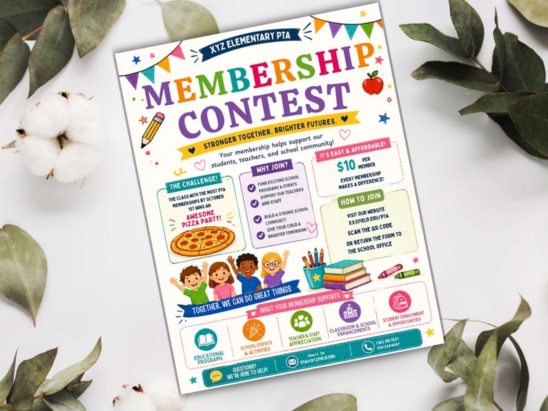 Pode incluir: Um folheto colorido para o Concurso de Membros da PTA da Escola Prim&aacute;ria XYZ. O folheto apresenta o texto "Membership Contest" em letras grandes, juntamente com ilustra&ccedil;&otilde;es de crian&ccedil;as, material escolar e uma pizza. O folheto promove os benef&iacute;cios da ades&atilde;o.