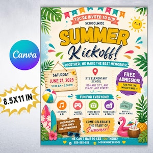 Op de afbeelding: Een kleurrijke flyer van 21,6 x 27,9 cm voor een schoolbrede zomer-kickoff-evenement. Het ontwerp bevat tropische elementen, evenementdetails en de tekst "SUMMER Kickoff!". De flyer bevat een datum, tijd, locatie en een lijst met activiteiten.