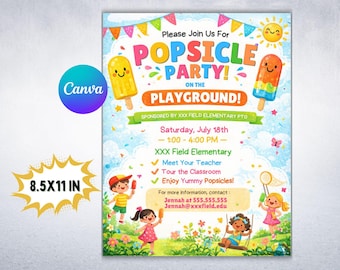 Modelo de Flyer para Picolés no Parque Infantil: Convite Editável para Evento Social Escolar no Canva (Download Digital)