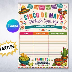 Könnte beinhalten: Ein farbenfrohes Cinco de Mayo Potluck-Anmeldeformular. Das Design umfasst einen Sombrero, Maracas und festliche Dekorationen. Das Schild ist 21,6 x 27,9 cm groß und verfügt über Abschnitte für Name, Kontaktinformationen und mitzubringendes Gericht.