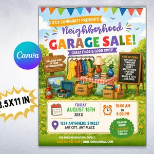 Könnte beinhalten: Ein farbenfrohes Plakat für einen Garagenverkauf in der Nachbarschaft mit dem Text "Neighborhood Garage Sale!" und "Great Finds & Good Times!". Das Plakat enthält Illustrationen von Artikeln zum Verkauf, einen Kalender und eine Adresse. Das Plakat ist 21,6 x 27,9 cm groß.