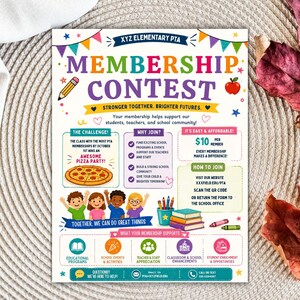 Pode incluir: Um folheto colorido para o Concurso de Ades&atilde;o da PTA da Escola Prim&aacute;ria XYZ. O folheto apresenta texto e ilustra&ccedil;&otilde;es, incluindo uma pizza, uma ma&ccedil;&atilde; e crian&ccedil;as. O tema &eacute; "Juntos mais fortes, futuro mais brilhante."