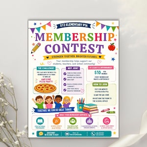 Pode incluir: Um folheto colorido para o Concurso de Ades&atilde;o da PTA da Escola Prim&aacute;ria XYZ. O folheto apresenta o texto "Concurso de Ades&atilde;o" em letras grandes e multicoloridas, juntamente com ilustra&ccedil;&otilde;es de crian&ccedil;as, uma pizza e material escolar.