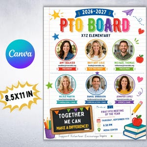 Op de afbeelding: Een 21,59x27,94 cm flyer-sjabloon getiteld 2026-2027 PTO BOARD XYZ ELEMENTARY. Het bevat zes ronde portretfoto's met namen, titels en e-mailadressen. Een schoolbordafbeelding toont TOGETHER WE CAN MAKE A DIFFERENCE, naast vergaderdetails, een potlood en boeken.