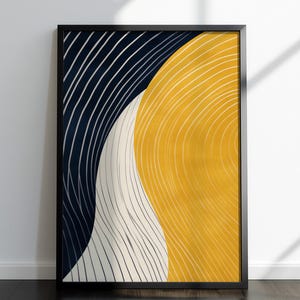 Arte abstracto con formas en mostaza y azul marino, lámina minimalista moderna (descarga digital)