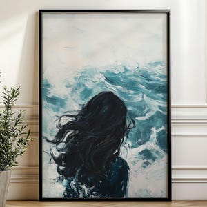 Solitary Woman in Stormy Sea, Moody Coastal Seascape Art (Digital Download)