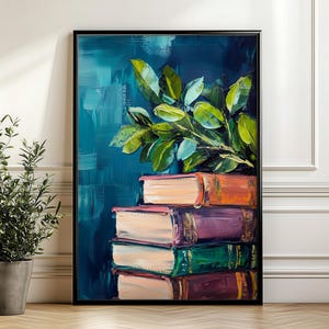 Stack of Vintage Books Botanical Art Print – Green Leaves, Cozy Reading Nook Decor