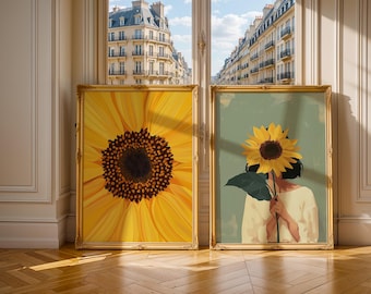 Sunflower Wall Art Set of 2, Woman Portrait Floral Print (Digital Download)