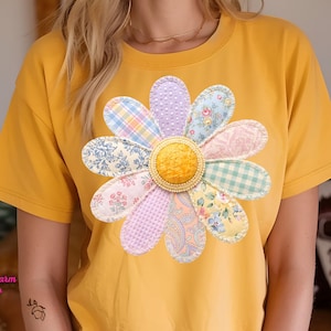 Faux Quilt Patchwork Flower PNG, 3D Puffy Daisy Appliqué, Cottagecore Floral Art (Digital Download)