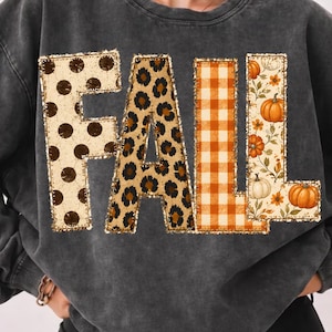 Letras de patchwork otoñal PNG, diseño de otoño con apliques falsos, estampado de calabaza, leopardo, cuadros vichy y lunares por sublimación, camiseta de otoño PNG, descarga digital DTF