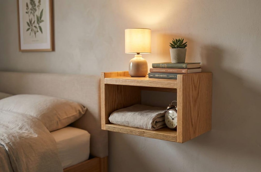 Solid Oak Floating Bedside Table | Reclaimed Wood Wall Mounted ...