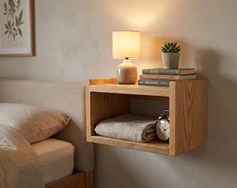 Solid Oak Floating Bedside Table | Reclaimed Wood Wall Mounted Nightstand Shelf