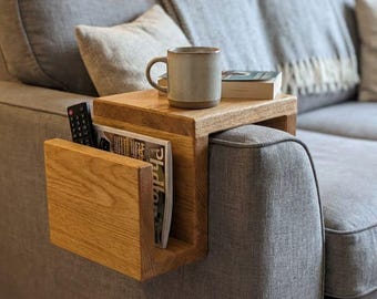 Solid Oak Sofa Arm Table | Couch Armrest Tray with Remote Slot