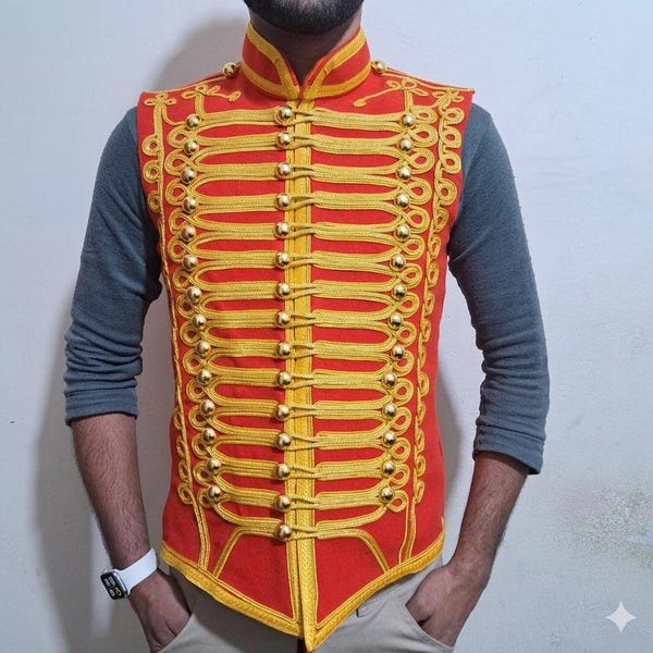 Chaleco de húsares rojos para hombre hecho a mano: chaleco militar trenzado en oro - estilo napoleónico trenzado en oro