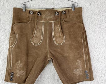 Lederhosen bavarois en cuir fait main marron | Short Trachten traditionnel allemand avec ceinture