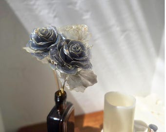 Handcrafted Resin Rose Flowers – Set of 3 Stems – Dusty Rose or Smoky Slate Blue – Elegant Floral Home Decor