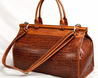 手作りのクロコ型押しレザーダッフルバッグ – 牛革製トラベルウィークエンダーラゲージ