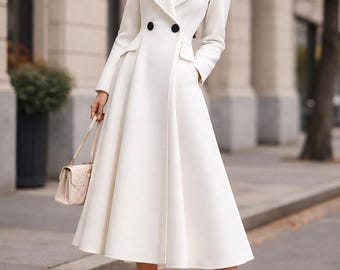 ホワイトウールプリンセスコート – エレガントなAラインウィンタートレンチコートデザイナーフォーマルウェディング