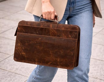 ダメージ加工ブラウンレザーラップトップバッグ、ヴィンテージワークブリーフケースメッセンジャー、ユニセックスキャリーバッグ
