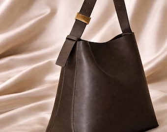 高級ブラウンレザーホーボーバッグ、ミニマリストショルダーバッグ、普段使いのワークトート