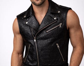 メンズ用ブラックレザーバイカーベスト（ノースリーブ、クロコダイル柄）