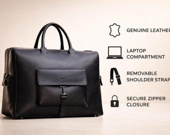 レザー製ウィークエンダーバッグ｜手作りトラベルダッフルバッグ、機内持ち込み可能、ノートパソコン収納部付き