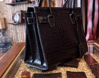 クロコ型押しフルグレインレザートートバッグ – 女性用構造型ハンドバッグ