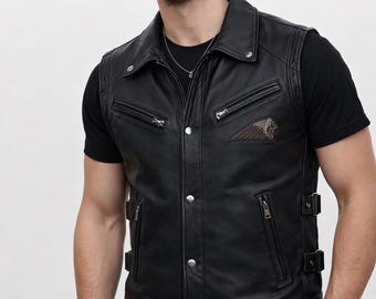 メンズ ブラック レザー バイカー ベスト、モーターサイクル ライダー ウエストコート、カスタムフィット ハンドメイド レザー