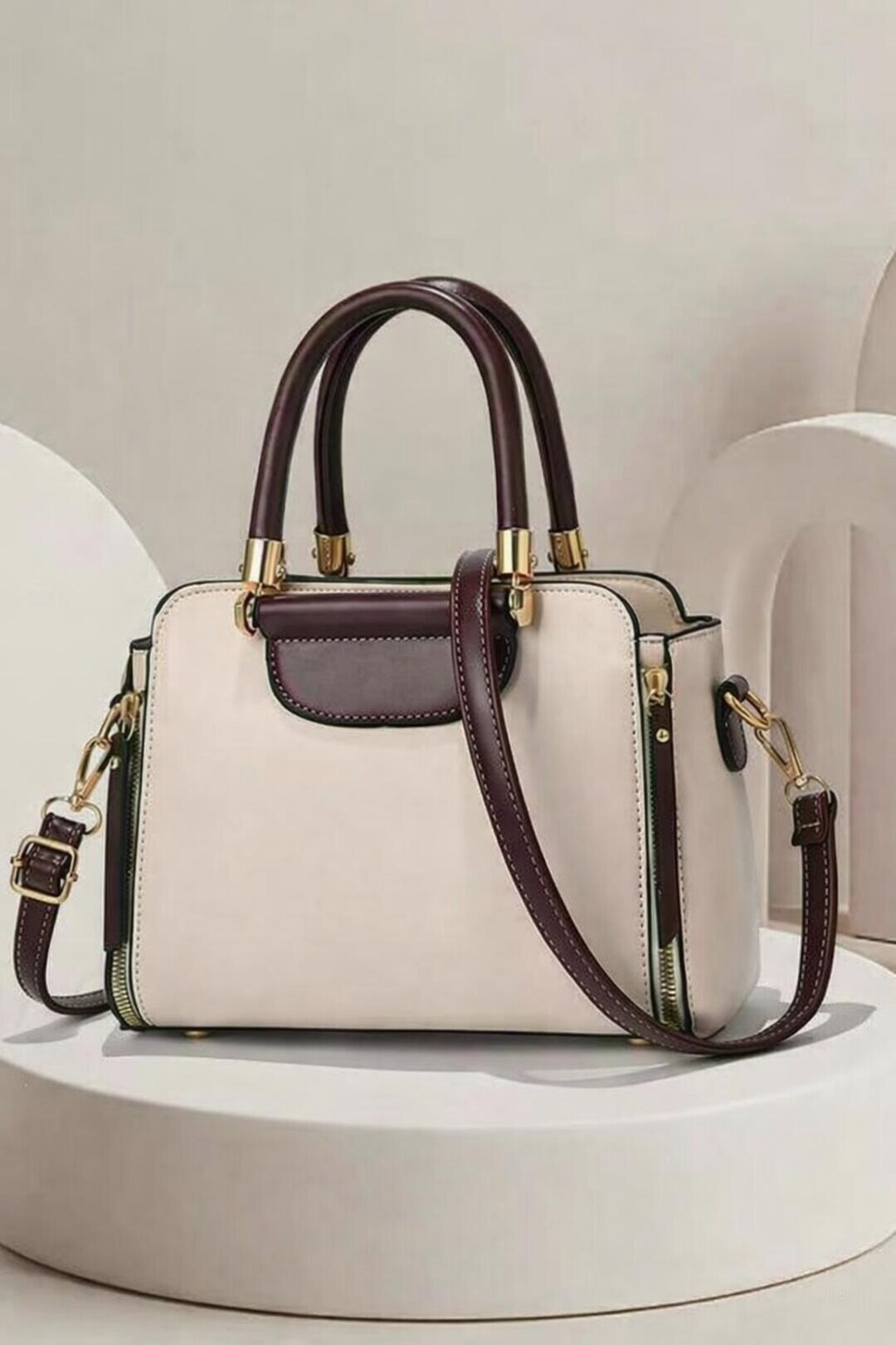 Two Tone Structured Handbag, Elegant Top Handle Purse, Minimalist ...