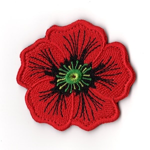 Puede incluir: Parche bordado de flor de amapola roja con detalles en negro y verde. El parche presenta un diseño detallado de una flor de amapola, con un contorno de pétalo rojo, líneas negras y un centro verde. Para ropa y accesorios.