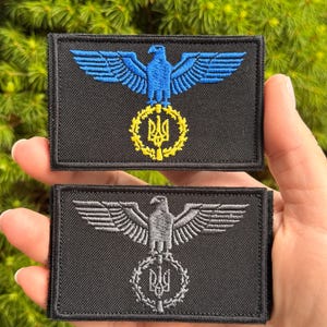 Puede incluir: Dos parches rectangulares negros bordados con un águila estilizada con las alas extendidas. El parche superior muestra un águila azul sobre un emblema de tridente ucraniano amarillo en una corona. El parche inferior presenta un águila y tridente gris.