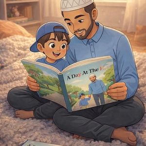 May include: An illustration of a father and son reading a book titled "A Day At The Park." The father wears a white cap and blue shirt, while the son wears a blue cap and shirt. They are sitting on a fluffy rug. A second book is visible.